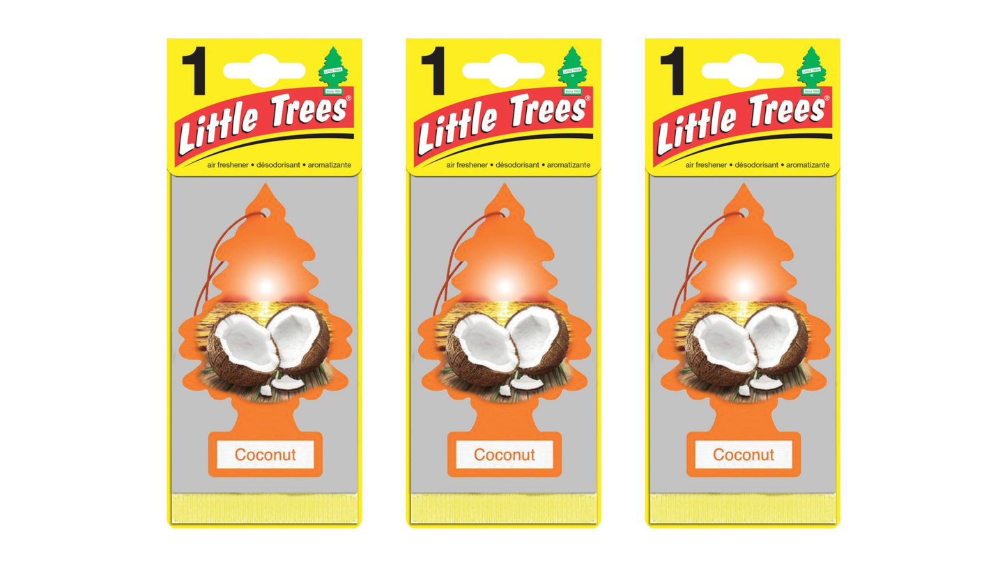 Three packages of Little Trees Coconut air freshener on a white background