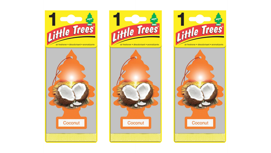 Three packages of Little Trees Coconut air freshener on a white background