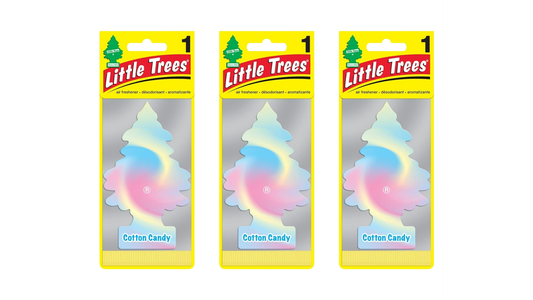 Three packages of Little Trees Cotton Candy air freshener on a white background