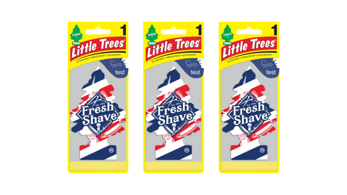 Three packages of Little Trees Fresh Shave air freshener on a white background