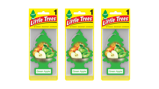 Three packages of Little Trees Green Apple air fresheners on a white background