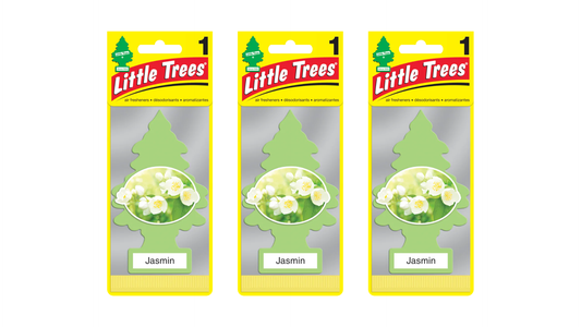 Three packages of Little Trees air fresheners with jasmine scent on a white background