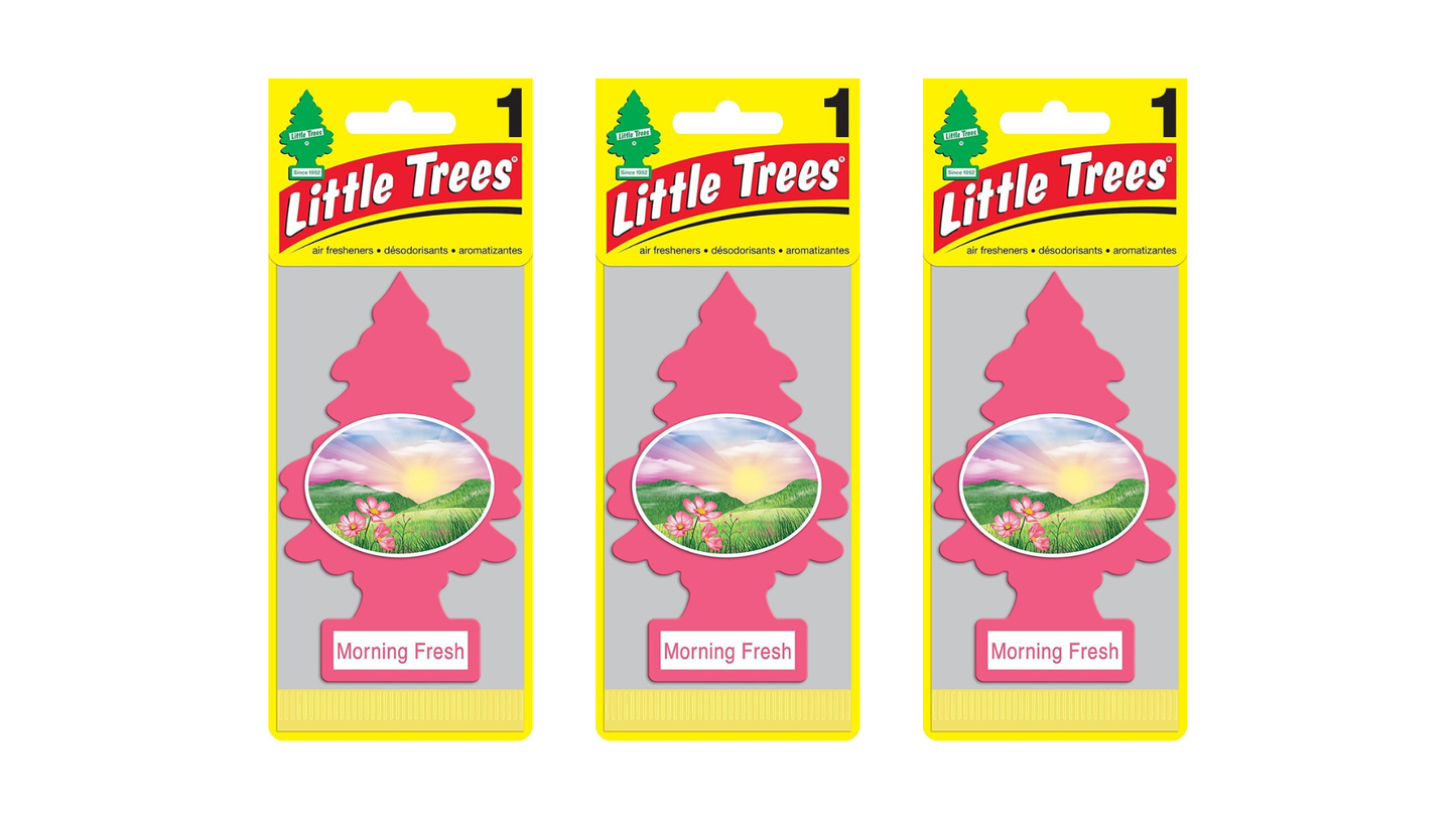 Three packages of Little Trees Morning Fresh air fresheners on a white background