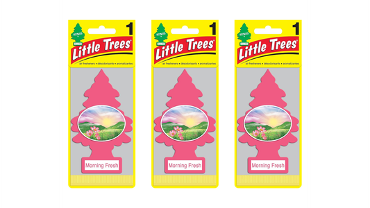Three packages of Little Trees Morning Fresh air fresheners on a white background