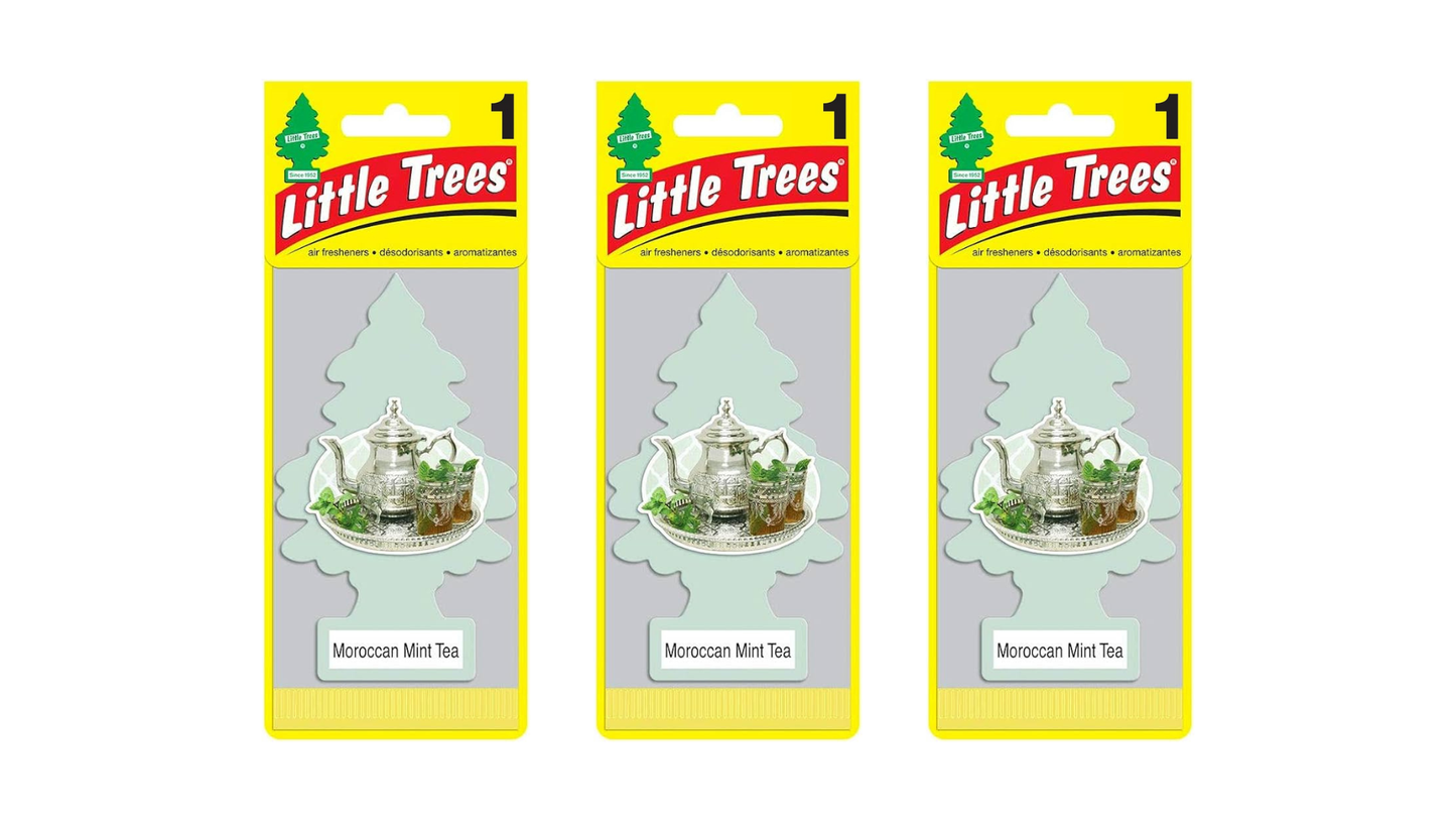 Three packages of Little Trees Moroccan Mint Tea air fresheners on a white background