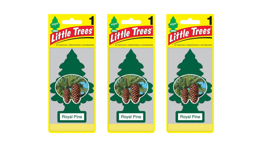 Three packages of Little Trees Royal Pine air fresheners on a white background