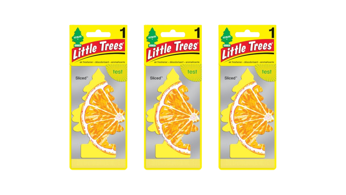 Three packages of Little Trees air fresheners with orange slices on a white background