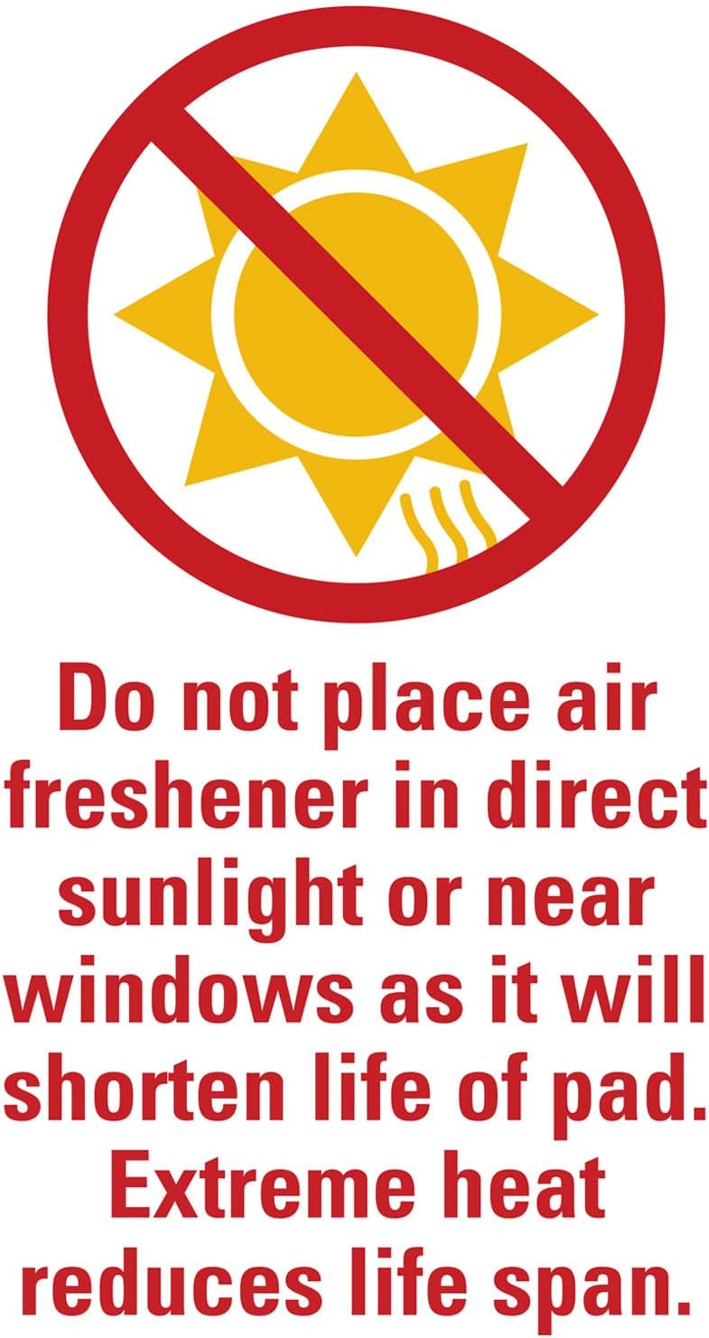 Warning sign about air freshener placement in direct sunlight or near windows.