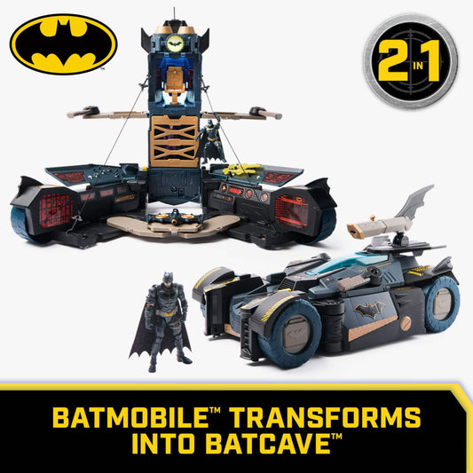 Toy set with Batmobile and Batcave model, featuring Batman figure and Batmobile transforming into Batcave.