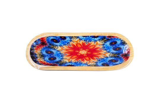 Colorful abstract design on a wooden incense holder with a white background. Epic Saves