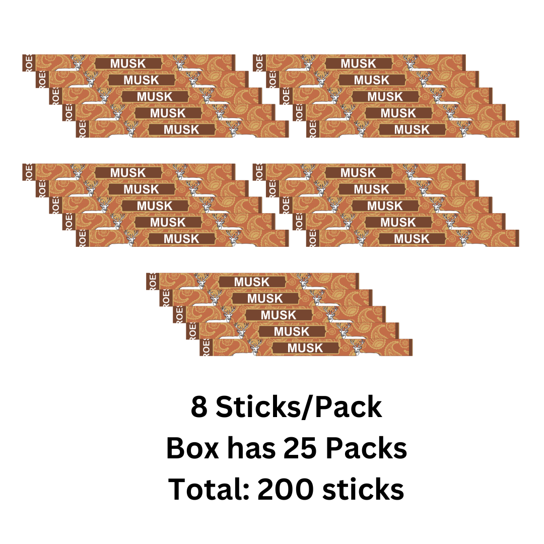 Multiple boxes of Musk incense sticks with text indicating quantity.