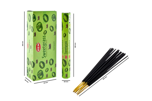 Hem Sweetgrass incense sticks with green boxes on a white background