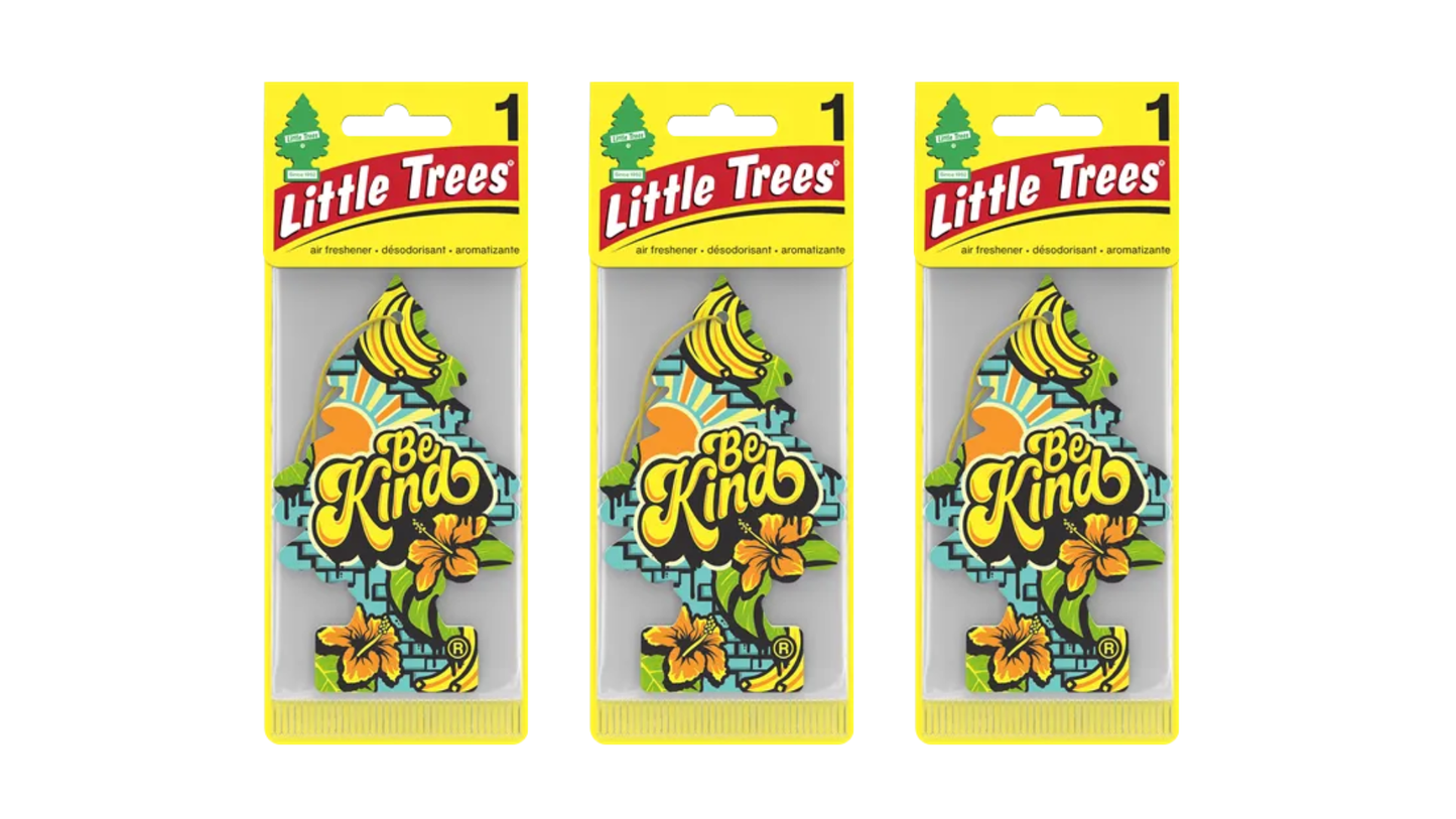 Three packages of Little Trees 'Be Kind' air fresheners on a white background