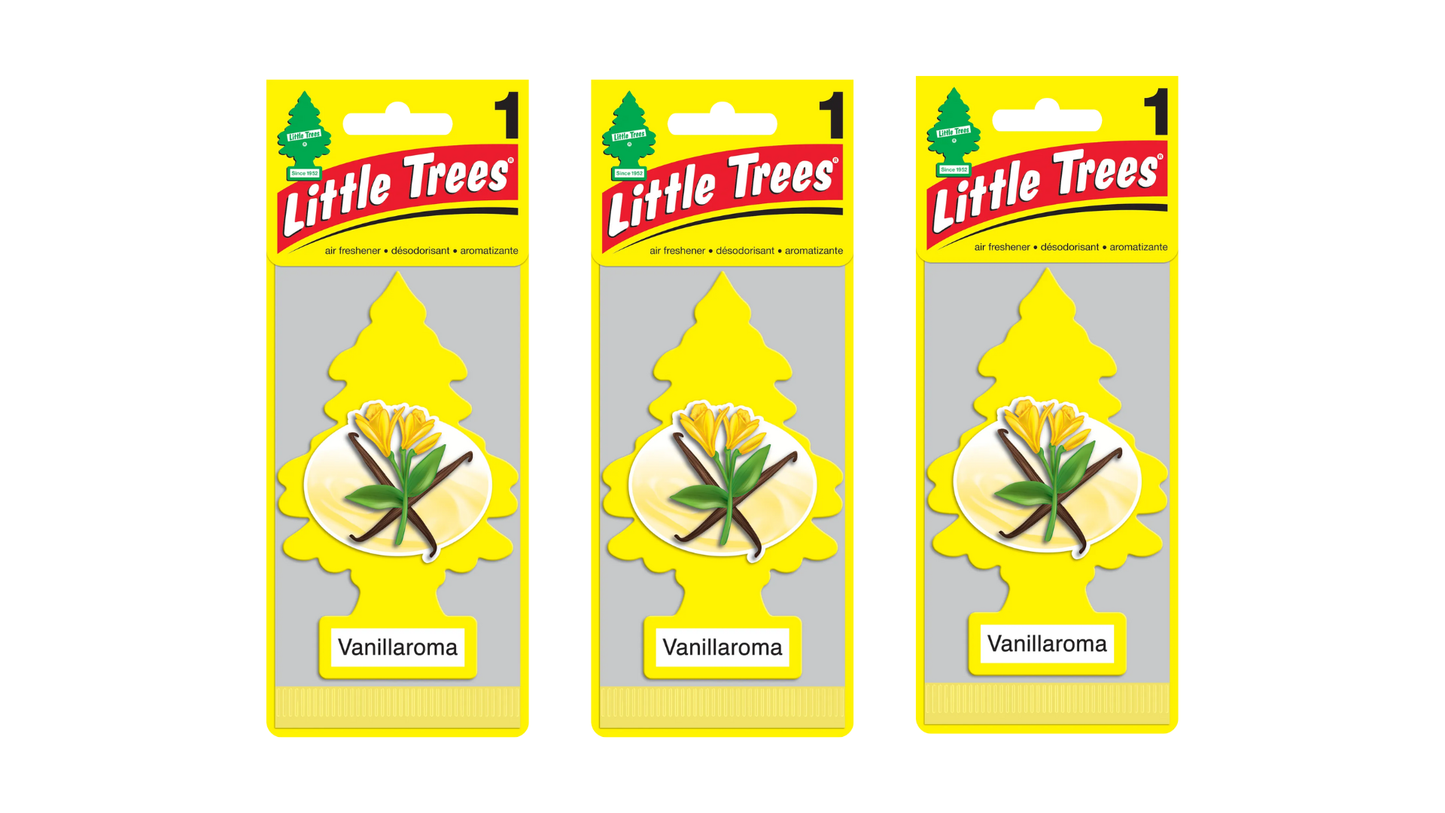 Three packages of Little Trees Vanilla aroma car fresheners on a white background