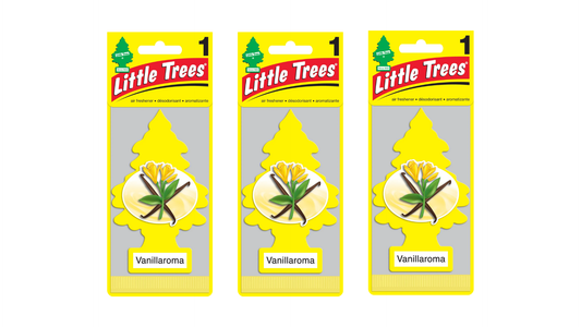 Three packages of Little Trees Vanilla aroma car fresheners on a white background