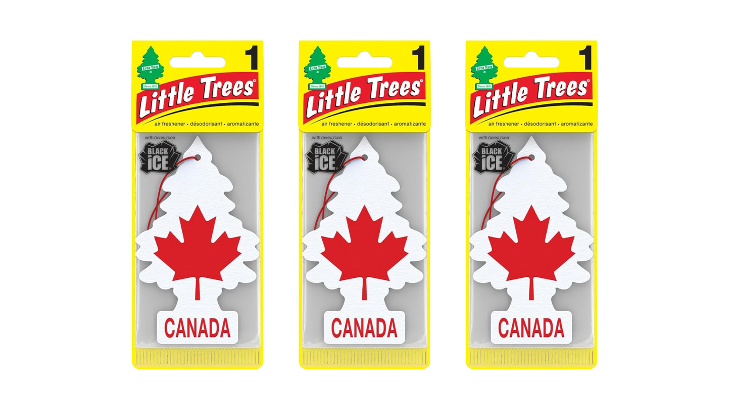 Three packages of Little Trees with a Canada maple leaf design on a white background