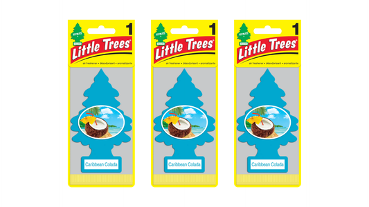 Three packages of Little Trees Caribbean Coconut air freshener on a white background
