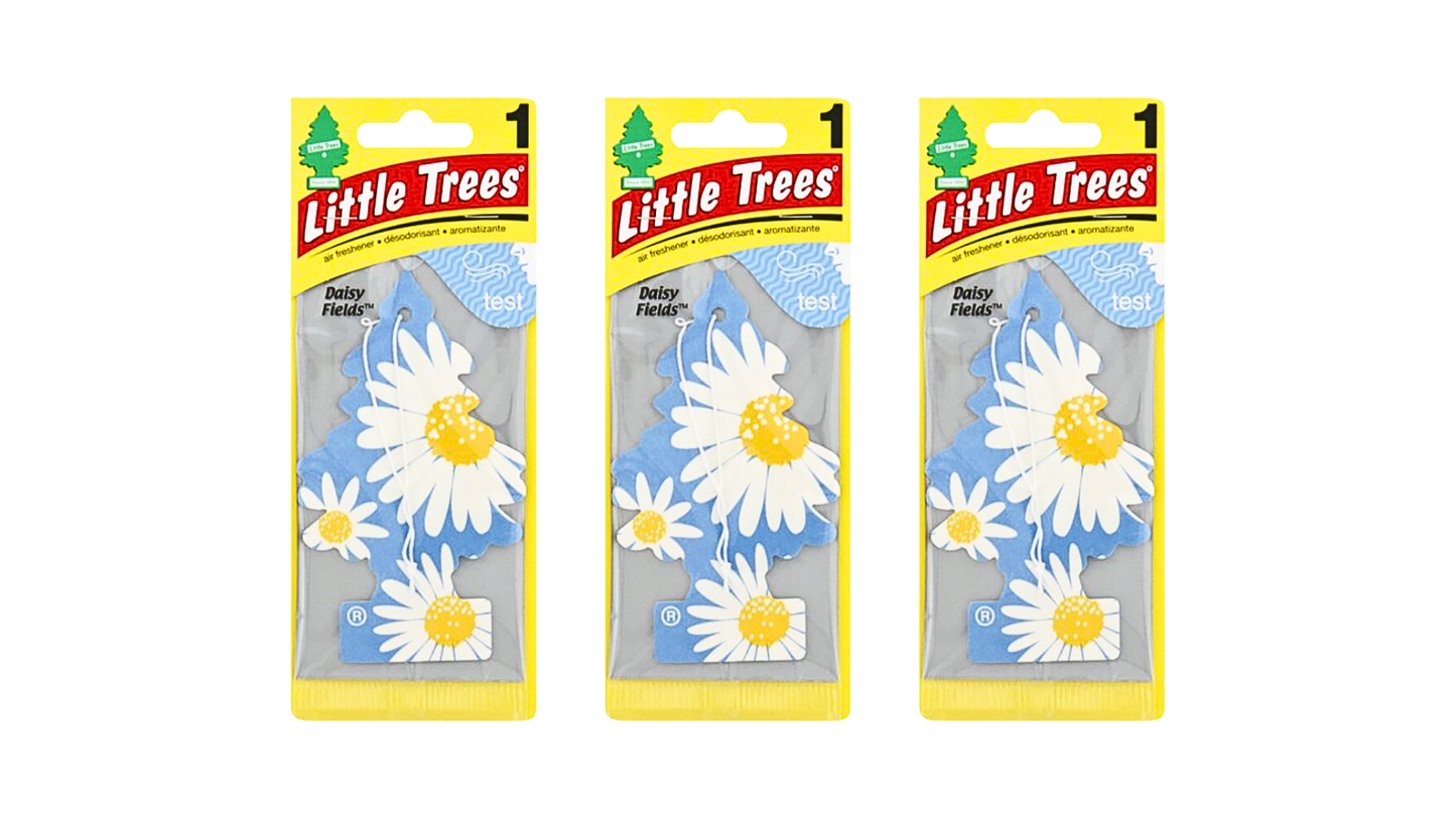 Three packages of Little Trees air fresheners with daisy designs on a white background