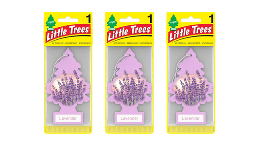 Three packages of Little Trees lavender air fresheners on a white background