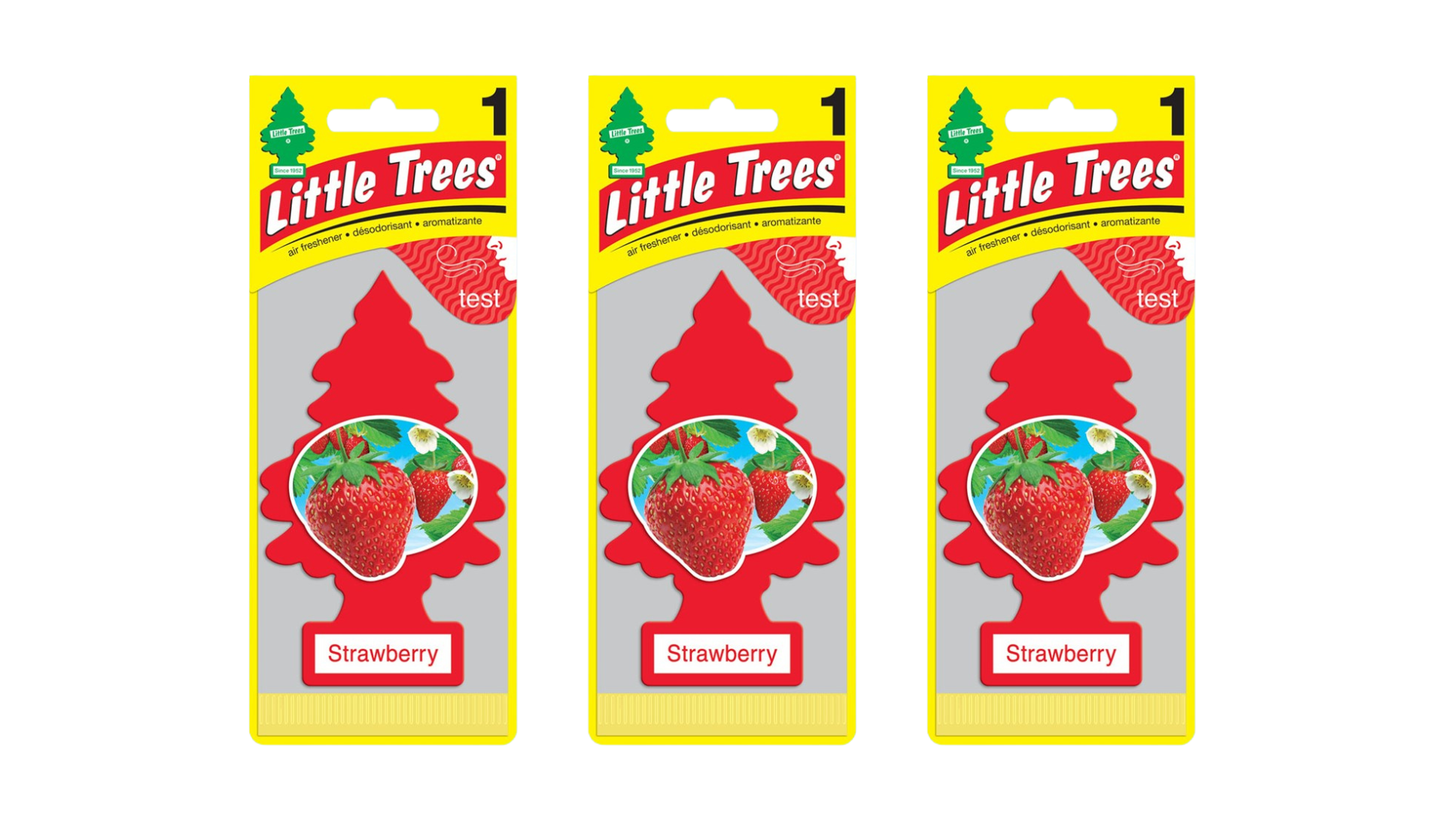 Three packages of Little Trees Strawberry air fresheners on a white background