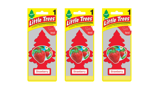 Three packages of Little Trees Strawberry air fresheners on a white background