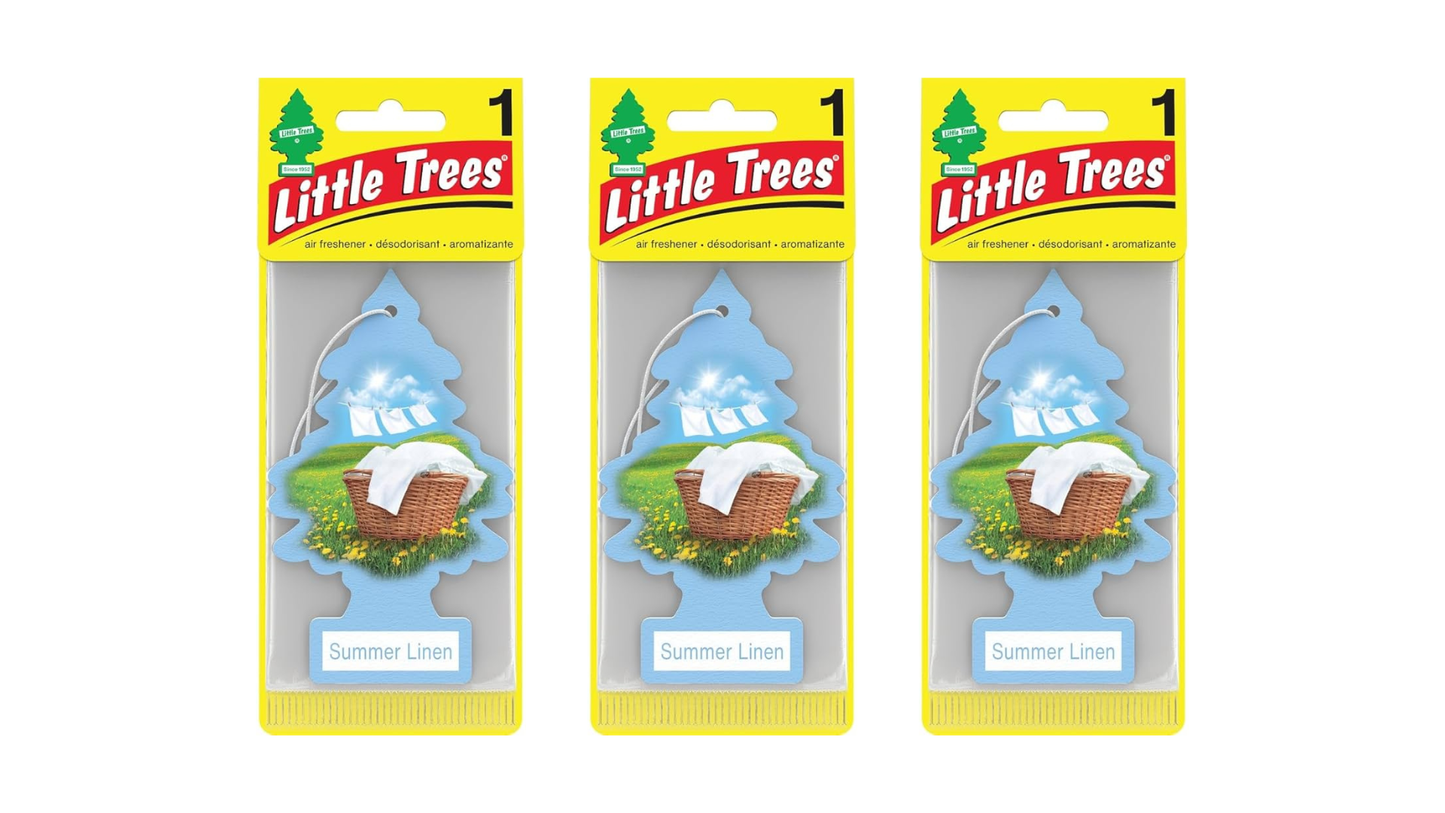 Three packages of Little Trees air fresheners on a white background