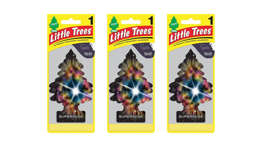 Three packages of Little Trees car air fresheners on a white background