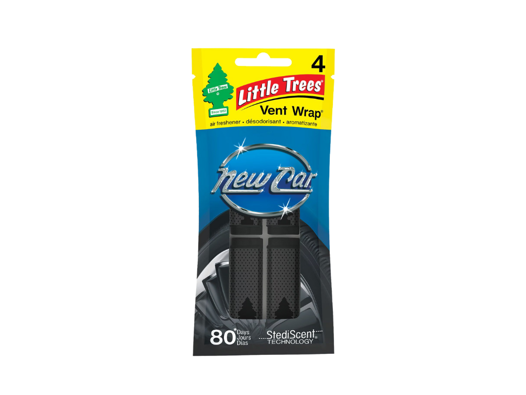 Little Trees vent wrap packaging with 'New Car' written on the center