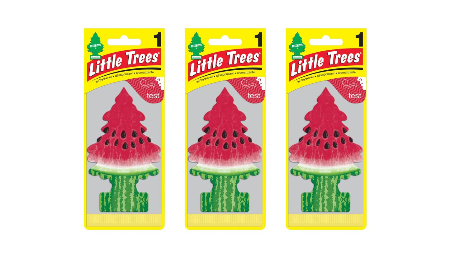Three packages of Little Trees air fresheners with watermelon scent on a white background