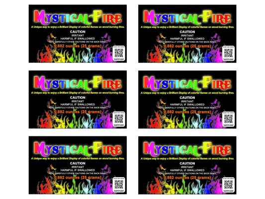 Six identical packages of 'Mystical Fire' with colorful flames and text on a black background.