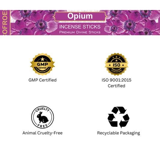 Opium incense sticks packaging with certification logos on a white background