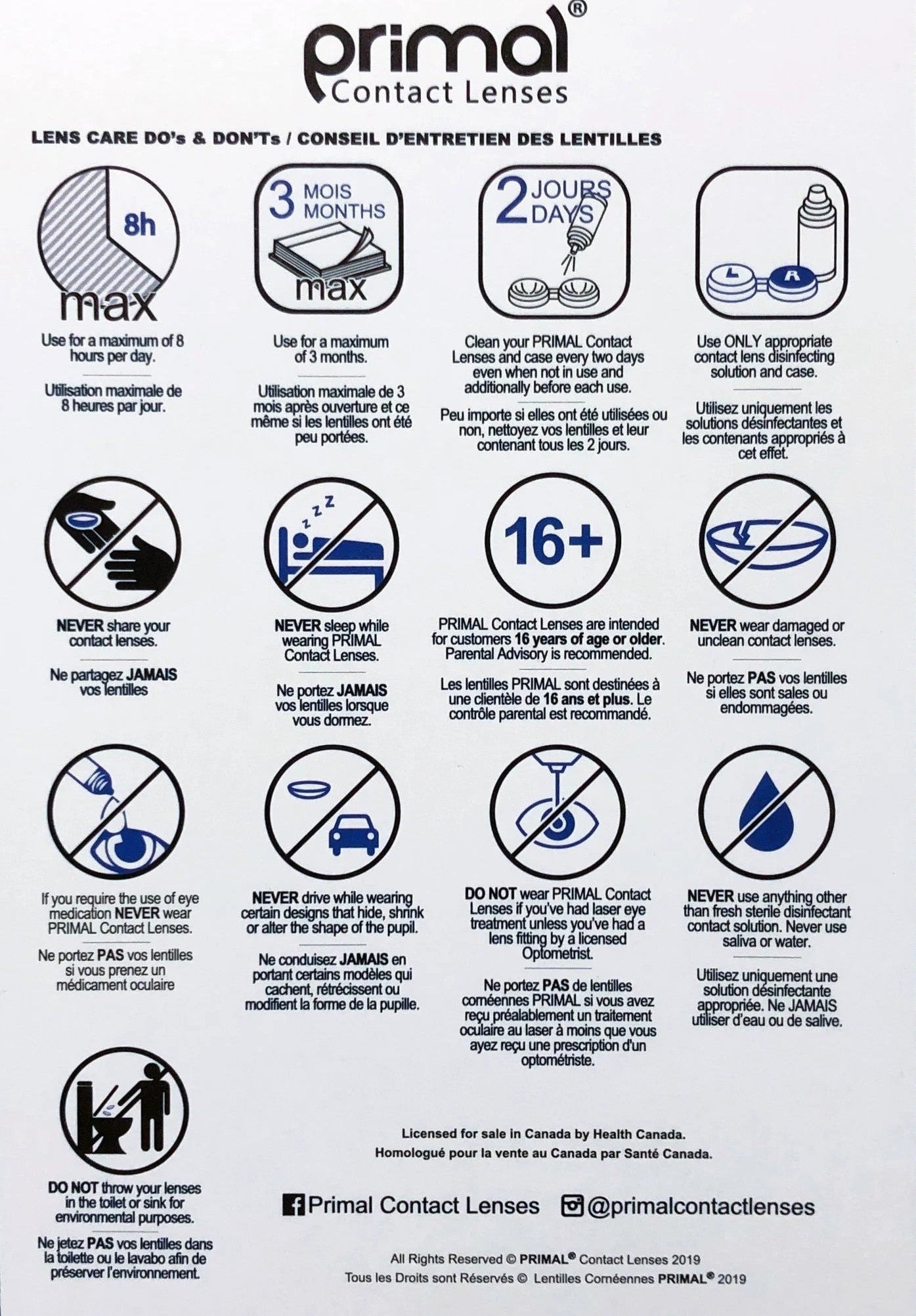 Primal Contact Lenses lens care do's and don'ts guide with icons and text.
