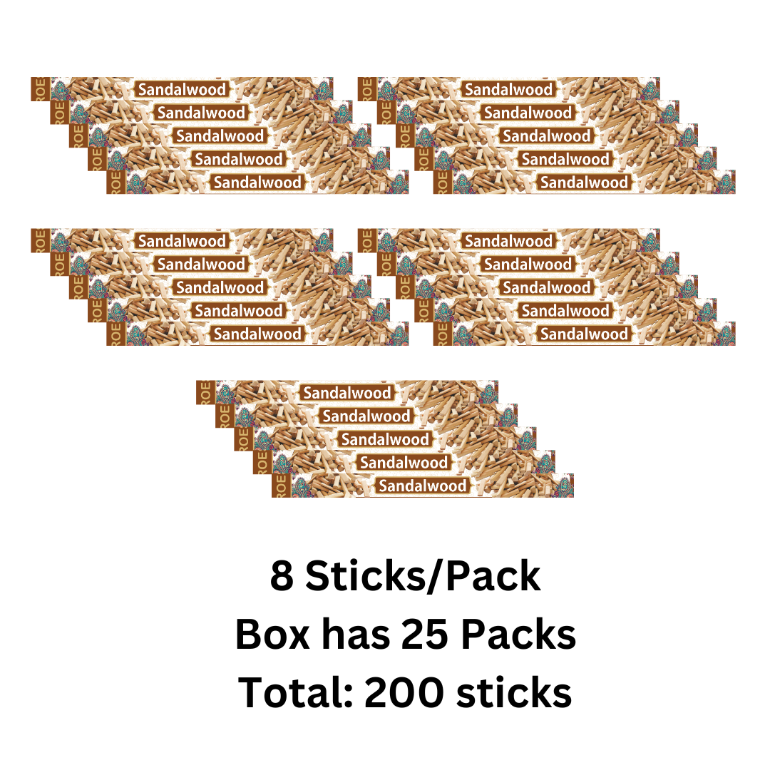 Multiple packages of sandalwood sticks with text indicating quantity and packaging.
