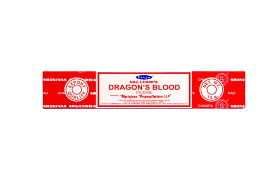 Red and white packaging of Satya's Dragon Blood incense sticks on a white background