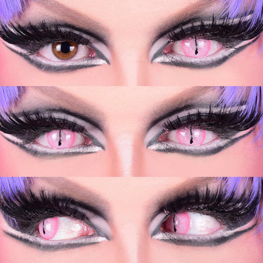 Close-up of eyes with dramatic makeup and purple hair.