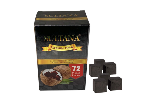 Sultana coconut charcoal pieces packaging with a few pieces displayed on a white background