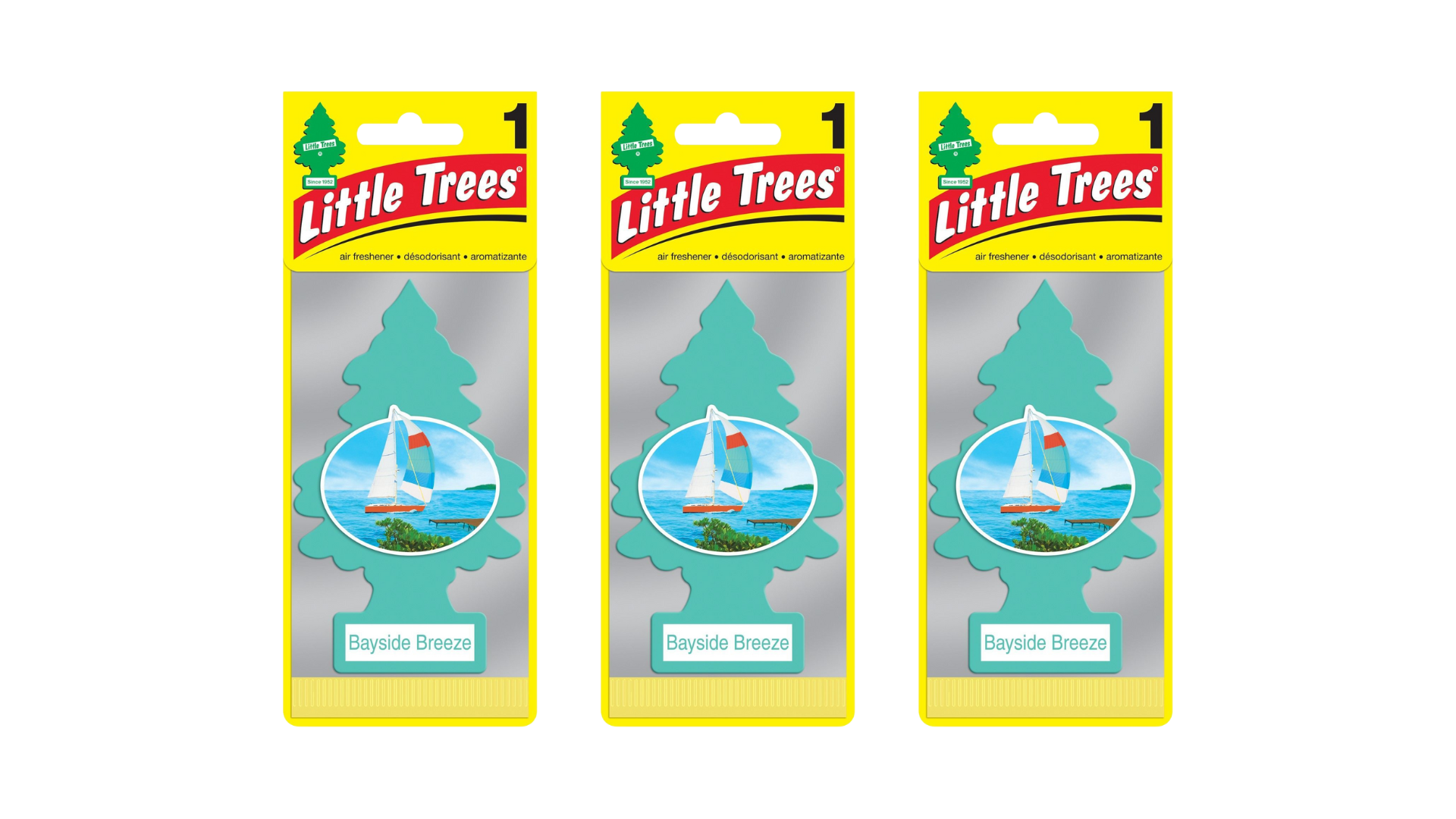 Three packages of Little Trees car air fresheners with sailboat design on a white background