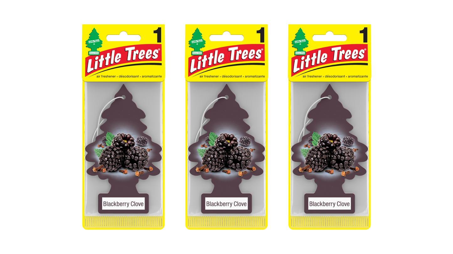 Three packages of Little Trees air fresheners with blackberry clove scent on a white background.