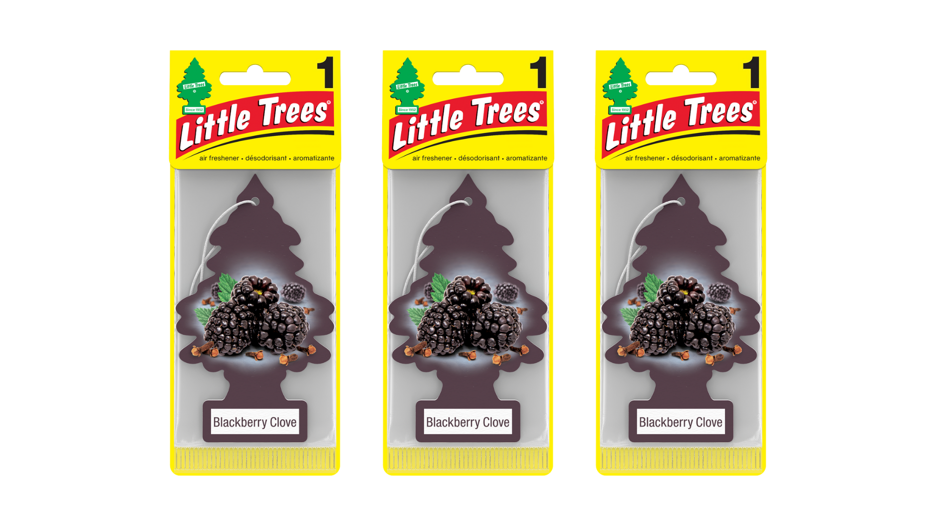 Three packages of Little Trees air fresheners with blackberry clove scent on a white background.