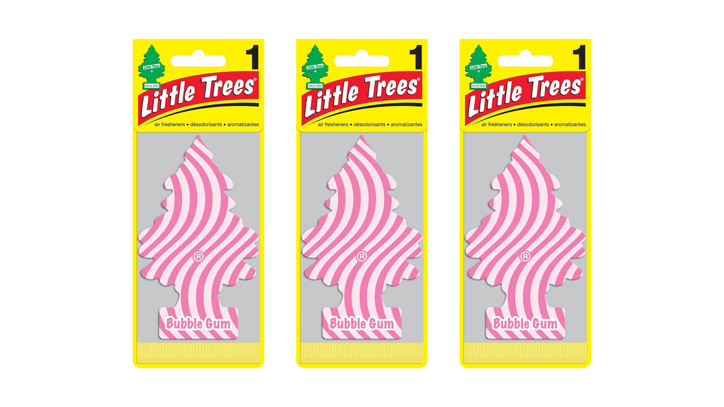 Three packages of Little Trees Bubble Gum air fresheners on a white background