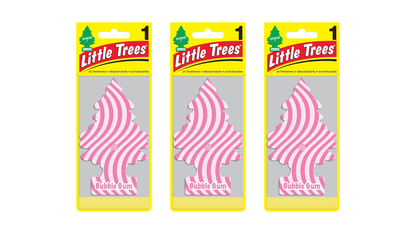 Three packages of Little Trees Bubble Gum air fresheners on a white background