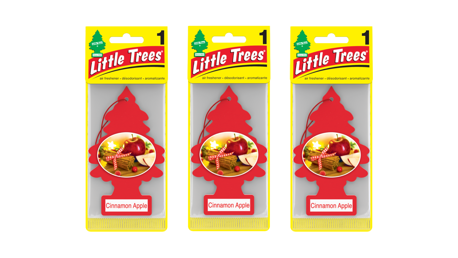Three packages of Little Trees Cinnamon Apple air fresheners on a white background