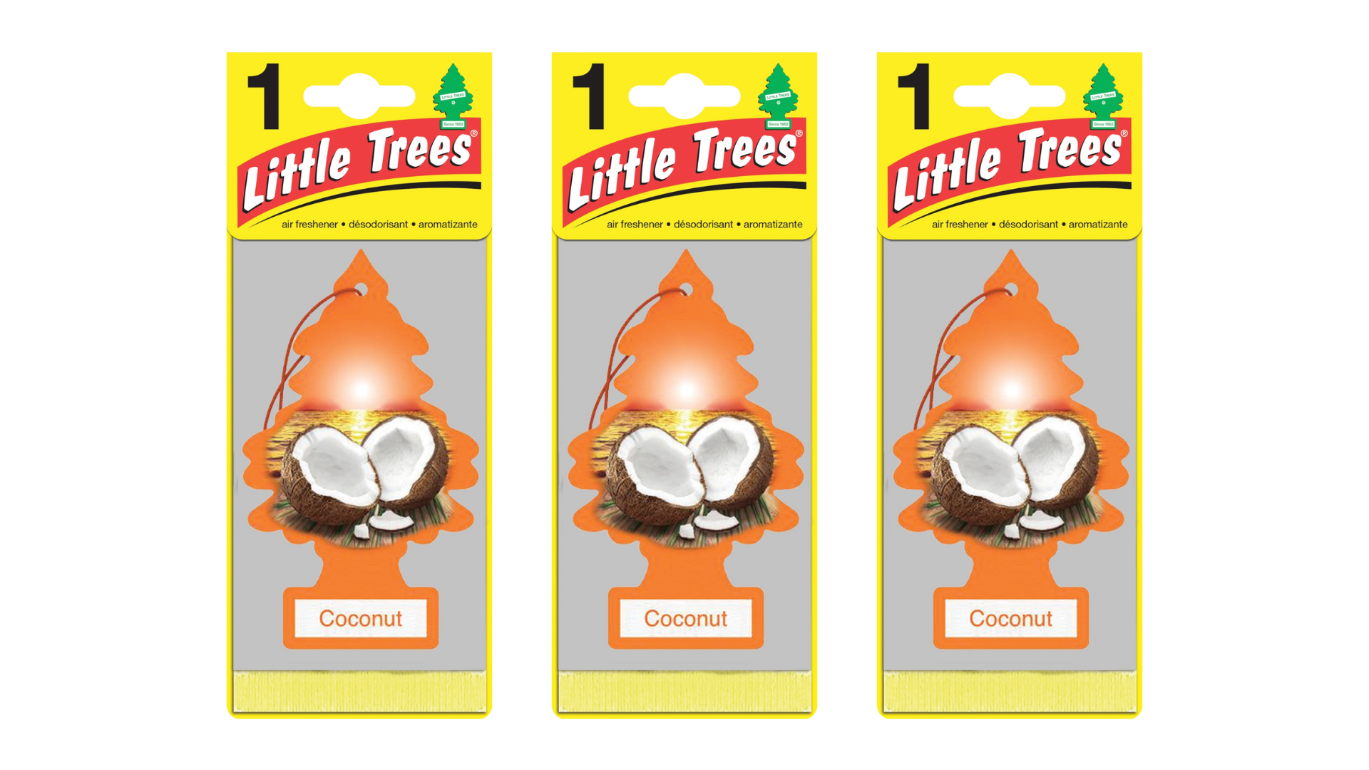 Three packages of Little Trees Coconut air freshener on a white background