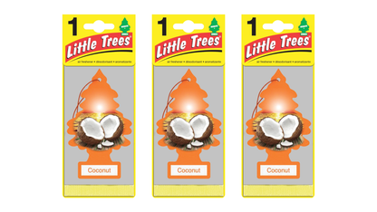 Three packages of Little Trees Coconut air freshener on a white background