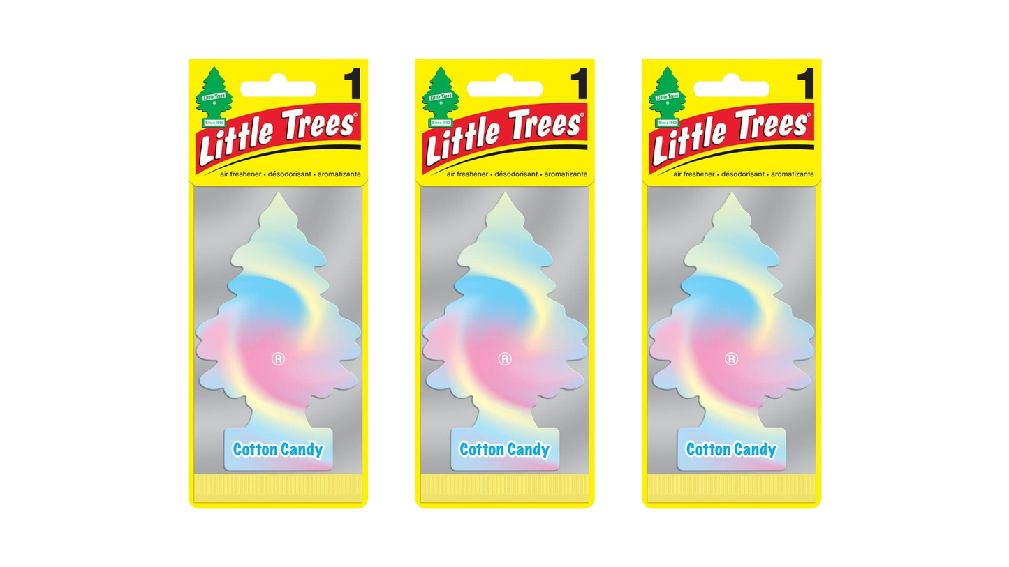 Three packages of Little Trees Cotton Candy air freshener on a white background