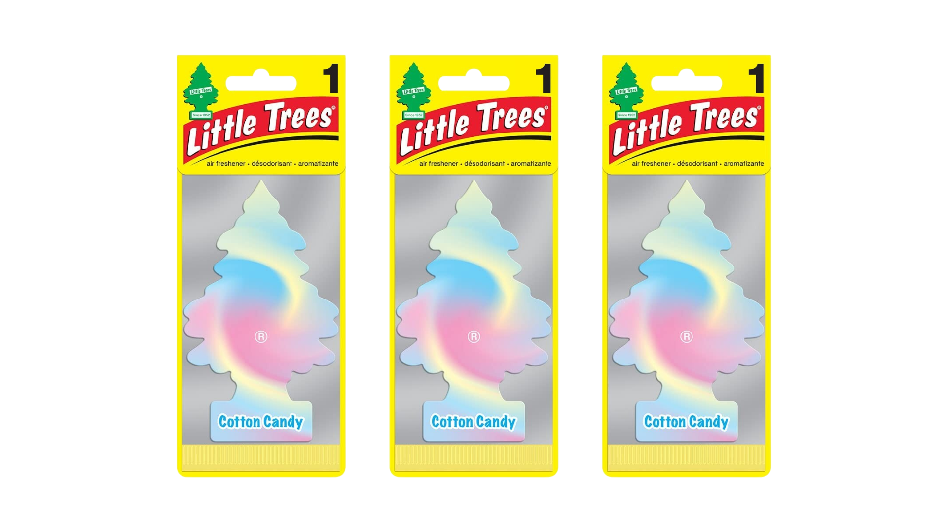 Three packages of Little Trees Cotton Candy air freshener on a white background