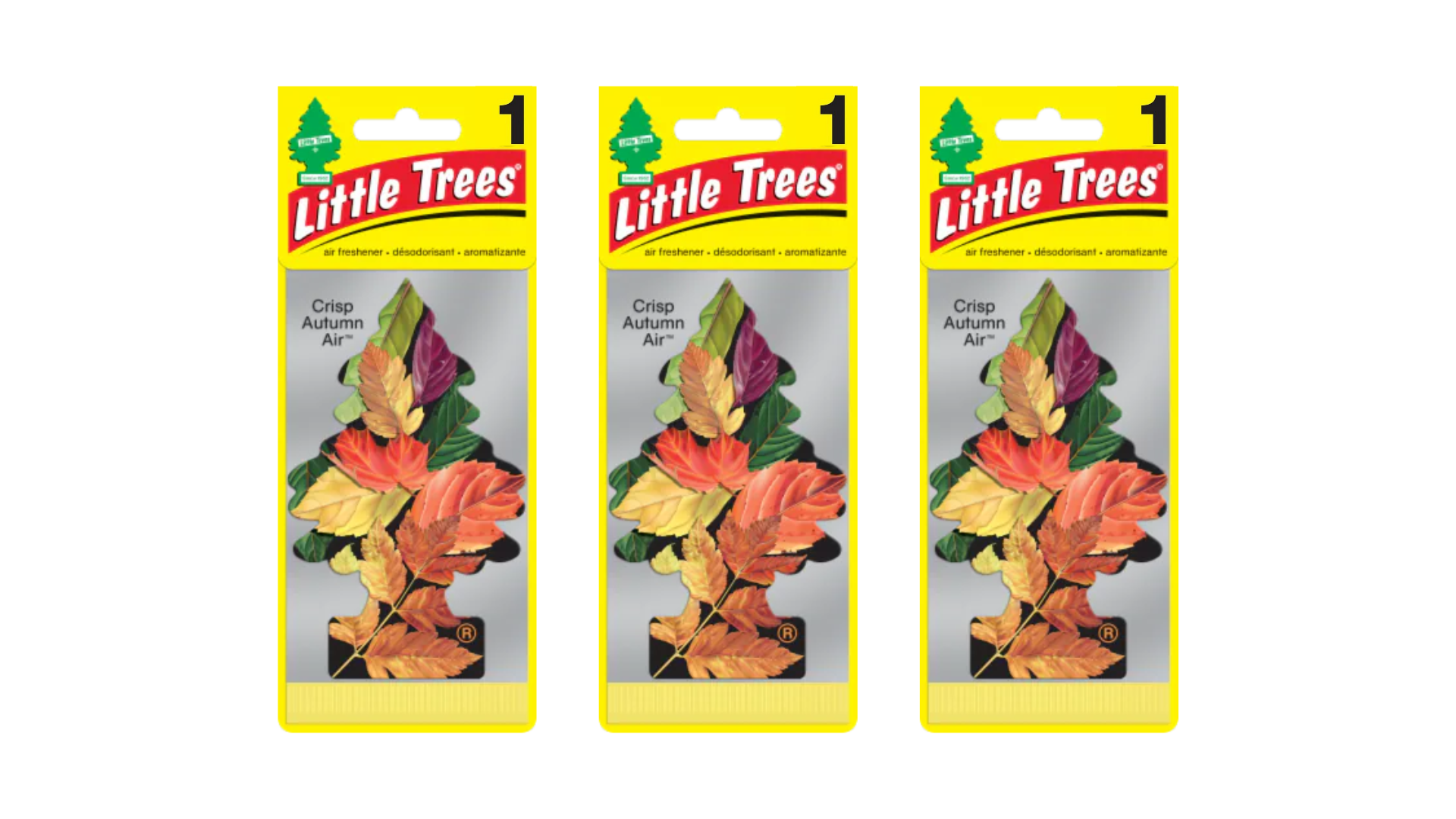 Three packages of Little Trees air fresheners with leaf design on a white background