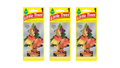 Three packages of Little Trees air fresheners with leaf design on a white background