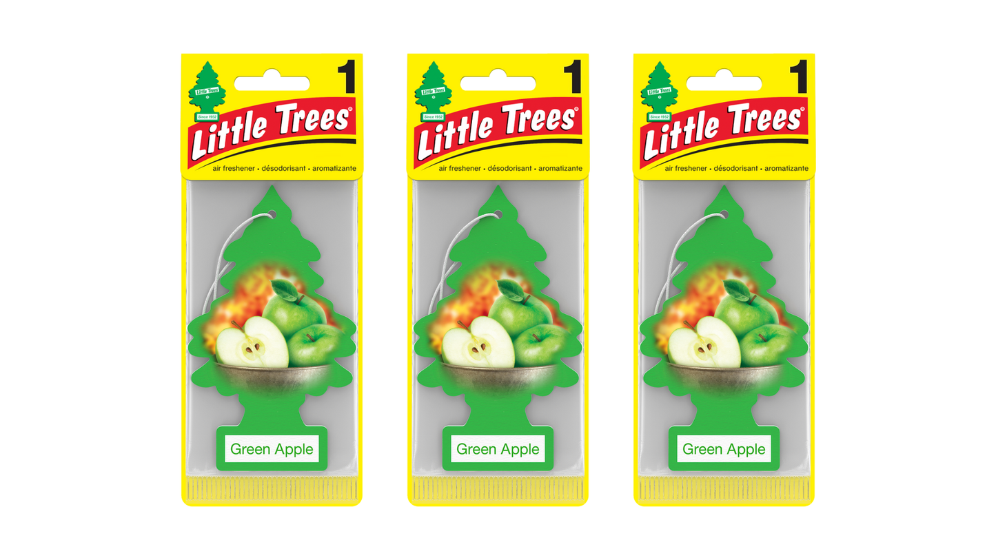 Three packages of Little Trees Green Apple air fresheners on a white background