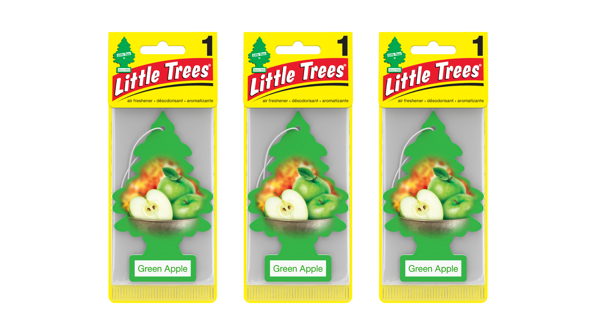 Three packages of Little Trees Green Apple air fresheners on a white background